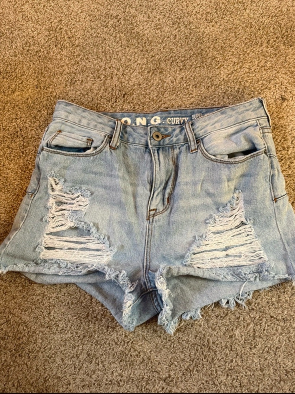 Curvy High-Rise Light Blue Distressed Denim Shorts - Women's